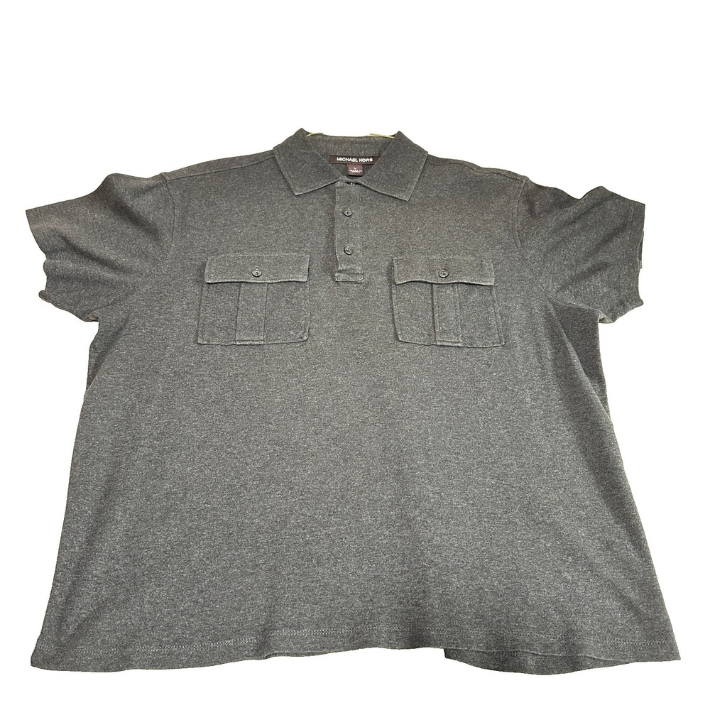 Michael Kors Mens Gray Cotton Short Sleeve Utility Polo Shirt Dual Pockets L